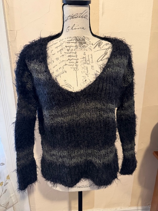 Free People Sweaters - Free People Black and Gray Fuzzy V-Neck Striped Sweater